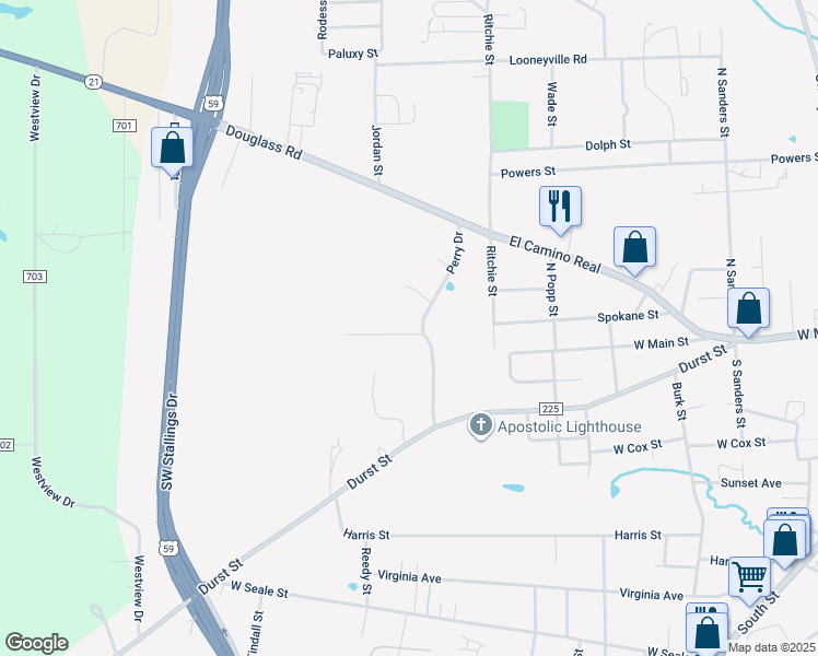 map of restaurants, bars, coffee shops, grocery stores, and more near 906 Lee Lane in Nacogdoches
