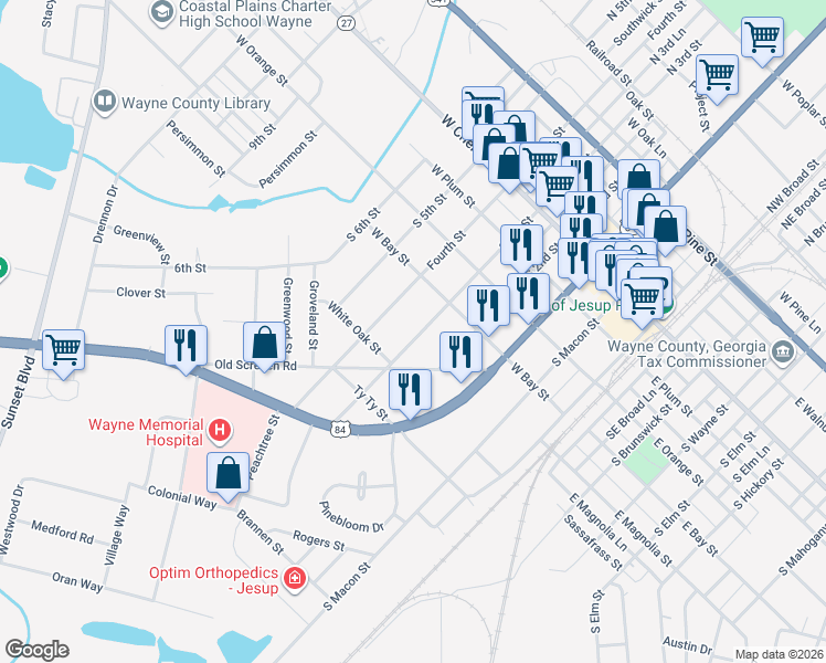 map of restaurants, bars, coffee shops, grocery stores, and more near 518 South 3rd Street in Jesup