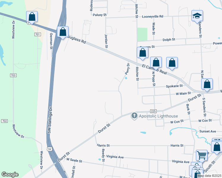 map of restaurants, bars, coffee shops, grocery stores, and more near 906 Lee Lane in Nacogdoches