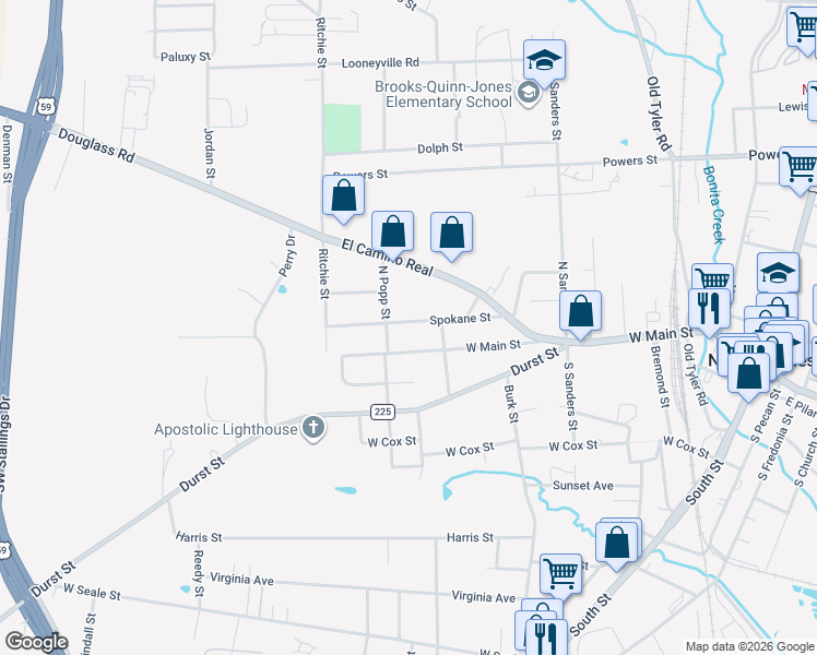map of restaurants, bars, coffee shops, grocery stores, and more near 1313 Spokane Street in Nacogdoches