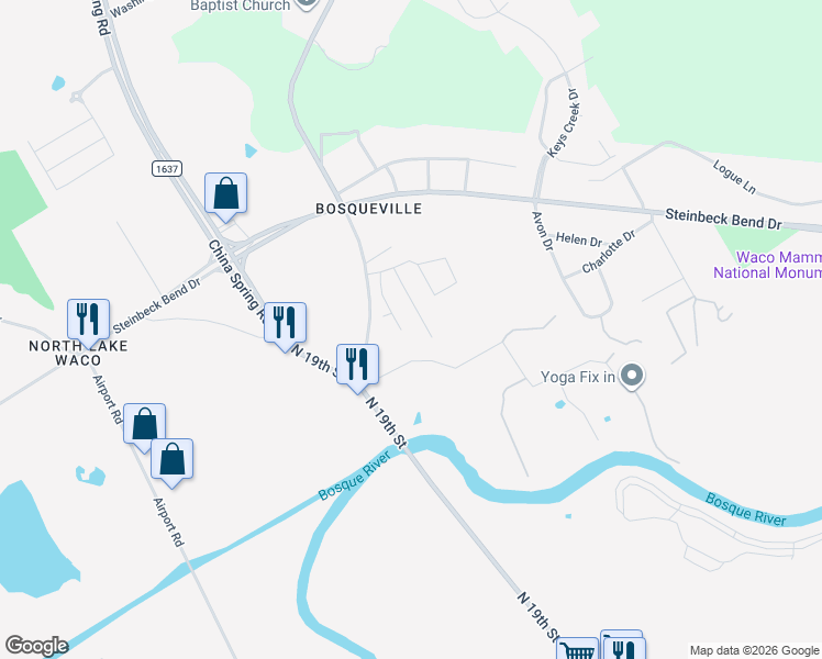map of restaurants, bars, coffee shops, grocery stores, and more near 6509 Lapis Drive in Waco