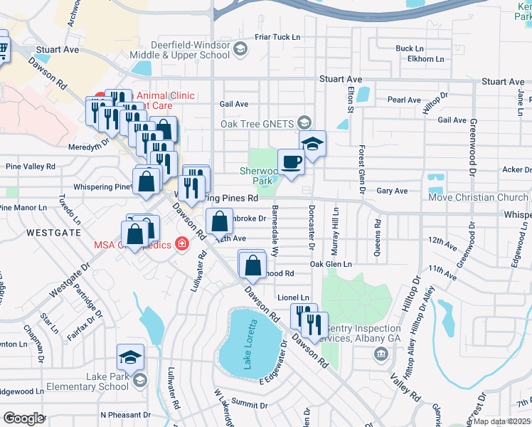 map of restaurants, bars, coffee shops, grocery stores, and more near 2303 Pembroke Drive in Albany
