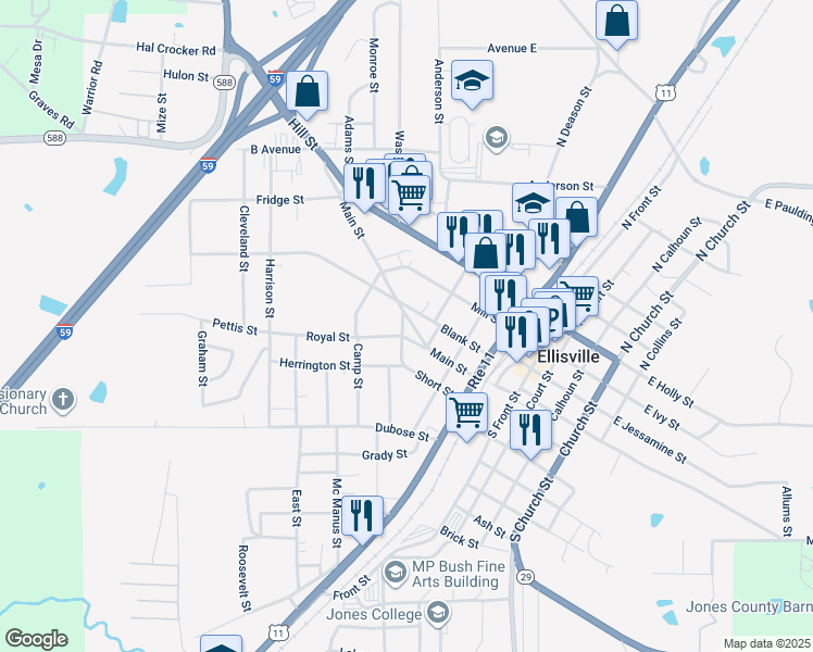 map of restaurants, bars, coffee shops, grocery stores, and more near 202 Short Street in Ellisville