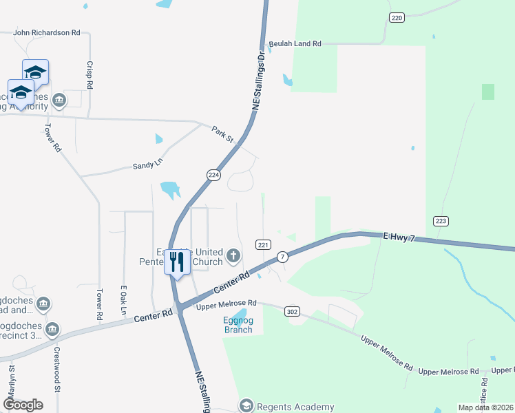 map of restaurants, bars, coffee shops, grocery stores, and more near 315 County Road 221 in Nacogdoches
