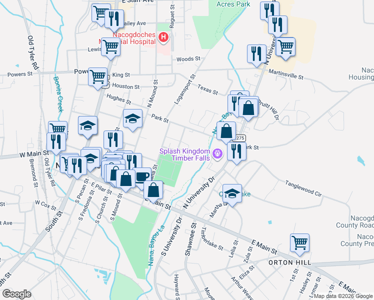 map of restaurants, bars, coffee shops, grocery stores, and more near 814 Gene Street in Nacogdoches