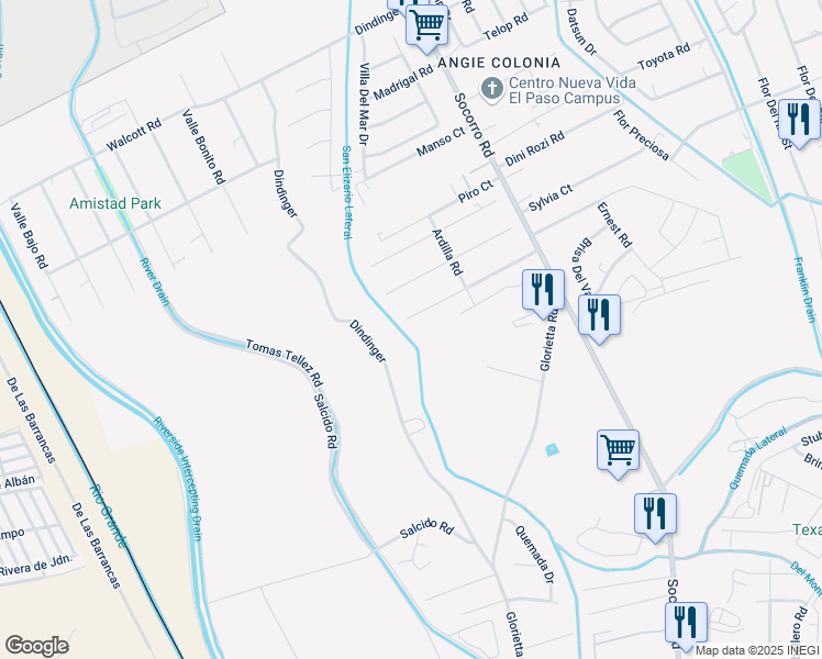 map of restaurants, bars, coffee shops, grocery stores, and more near 730 Fray Vargas Road in Socorro
