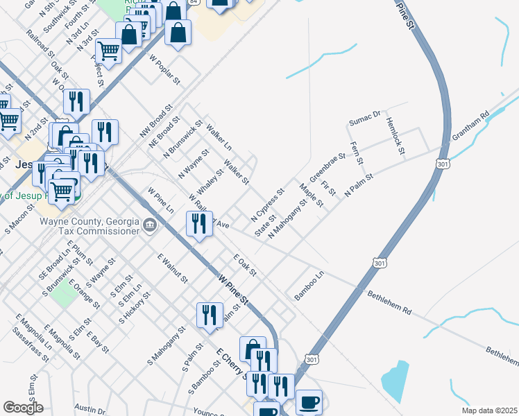 map of restaurants, bars, coffee shops, grocery stores, and more near 617 North Cypress Street in Jesup