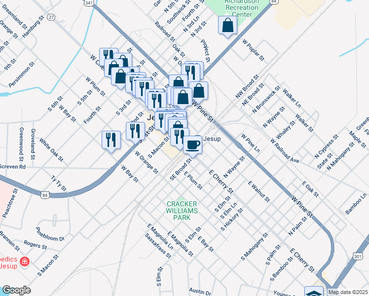 map of restaurants, bars, coffee shops, grocery stores, and more near 101-199 SW Broad St in Jesup