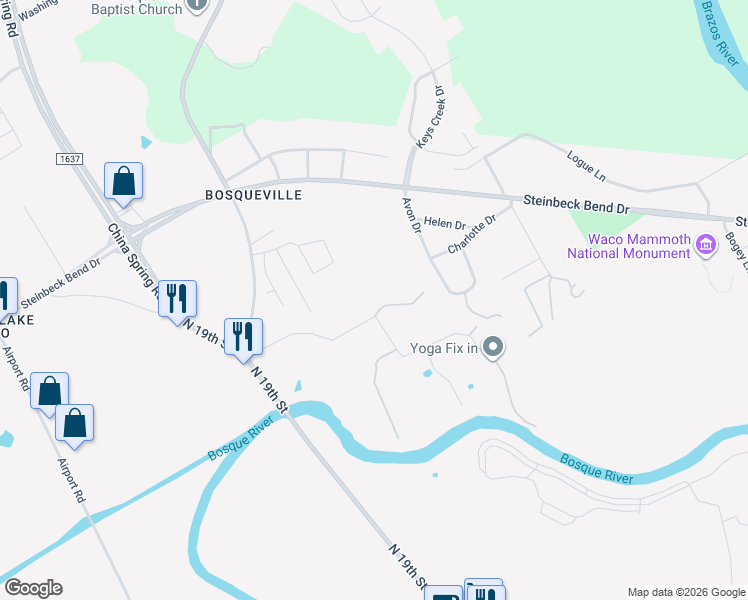 map of restaurants, bars, coffee shops, grocery stores, and more near 1435 Joy Drive in Waco