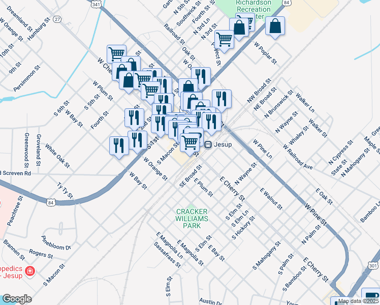 map of restaurants, bars, coffee shops, grocery stores, and more near 101-199 SW Broad St in Jesup