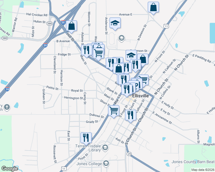 map of restaurants, bars, coffee shops, grocery stores, and more near 400-498 Blank Street in Ellisville