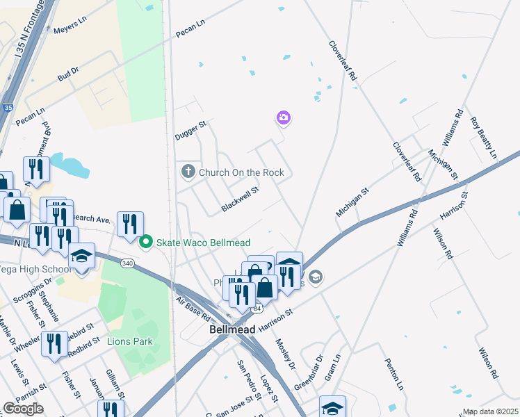 map of restaurants, bars, coffee shops, grocery stores, and more near 1200 Bongard Circle in Waco
