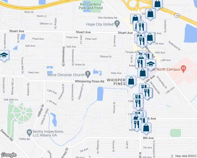 map of restaurants, bars, coffee shops, grocery stores, and more near 1401 Whispering Pines Road in Albany