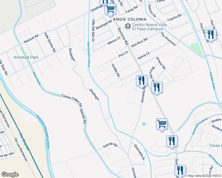 map of restaurants, bars, coffee shops, grocery stores, and more near 730 Fray Vargas Road in Socorro