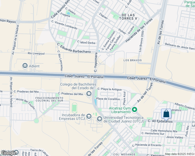 map of restaurants, bars, coffee shops, grocery stores, and more near 10073 Libramiento Aeropuerto in Ciudad Juárez