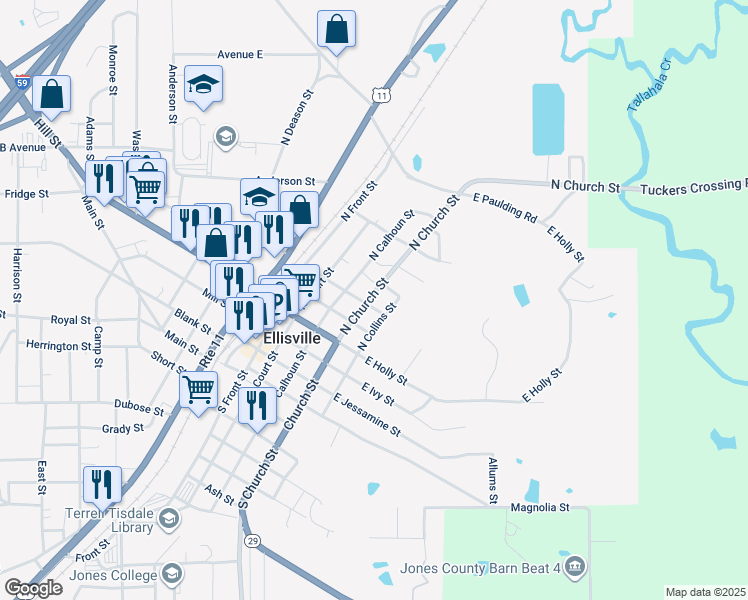 map of restaurants, bars, coffee shops, grocery stores, and more near 401 North Church Street in Ellisville