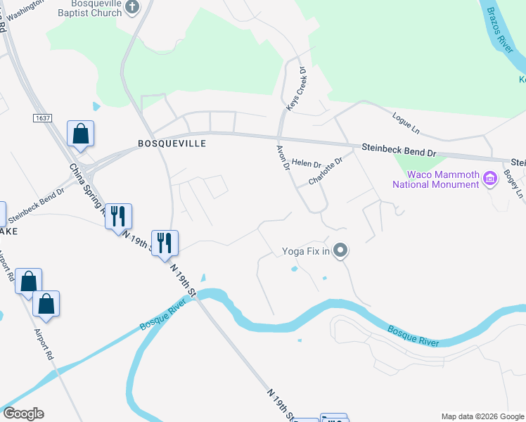 map of restaurants, bars, coffee shops, grocery stores, and more near 1435 Joy Drive in Waco
