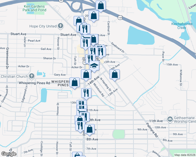 map of restaurants, bars, coffee shops, grocery stores, and more near 2024 McIntosh Road in Albany