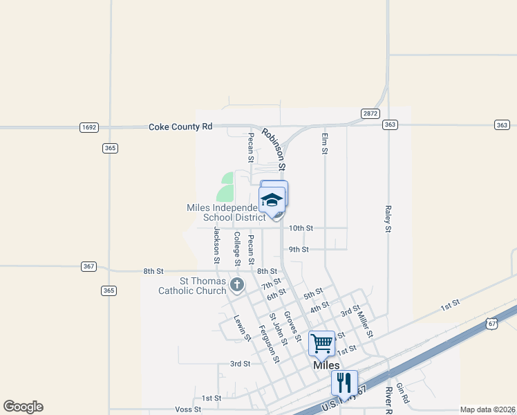 map of restaurants, bars, coffee shops, grocery stores, and more near 109 10th Street in Miles