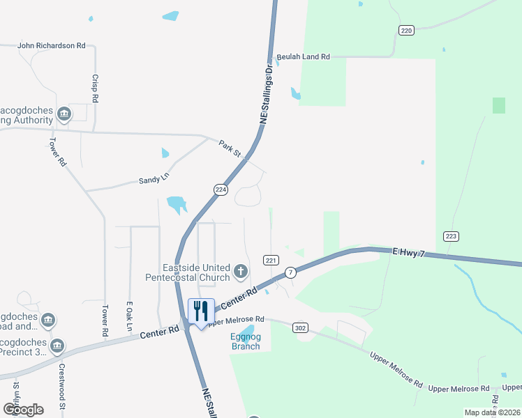 map of restaurants, bars, coffee shops, grocery stores, and more near 315 County Road 221 in Nacogdoches