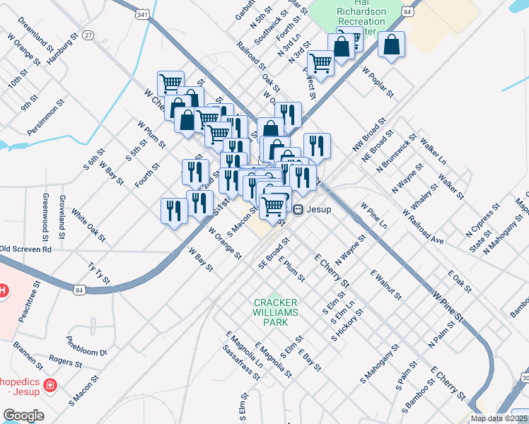 map of restaurants, bars, coffee shops, grocery stores, and more near 101 Southwest Broad Street in Jesup