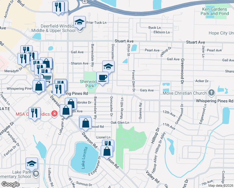 map of restaurants, bars, coffee shops, grocery stores, and more near Whispering Pines Road in Albany