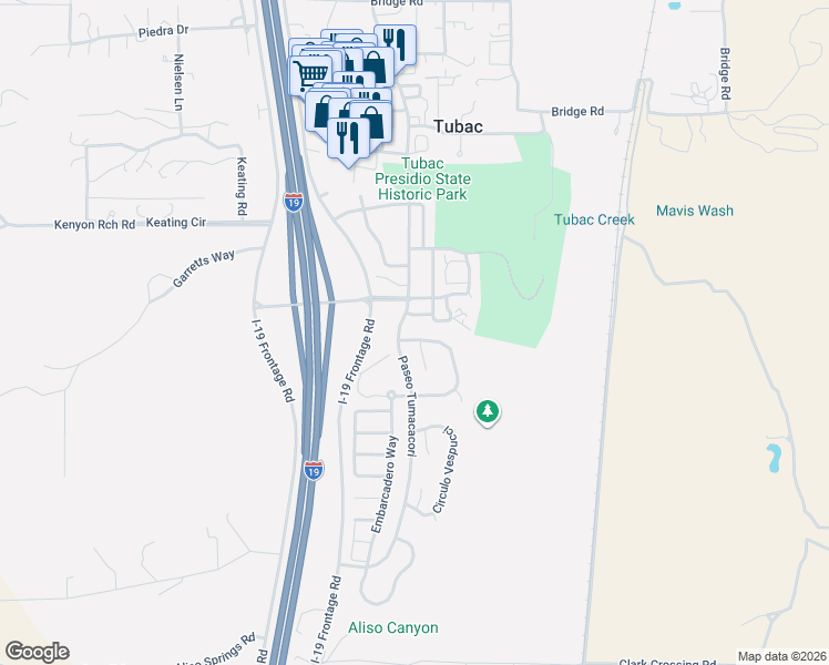 map of restaurants, bars, coffee shops, grocery stores, and more near 204 Market Circle in Tubac