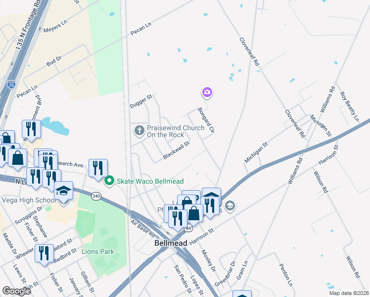 map of restaurants, bars, coffee shops, grocery stores, and more near 4333 Blackwell Street in Waco
