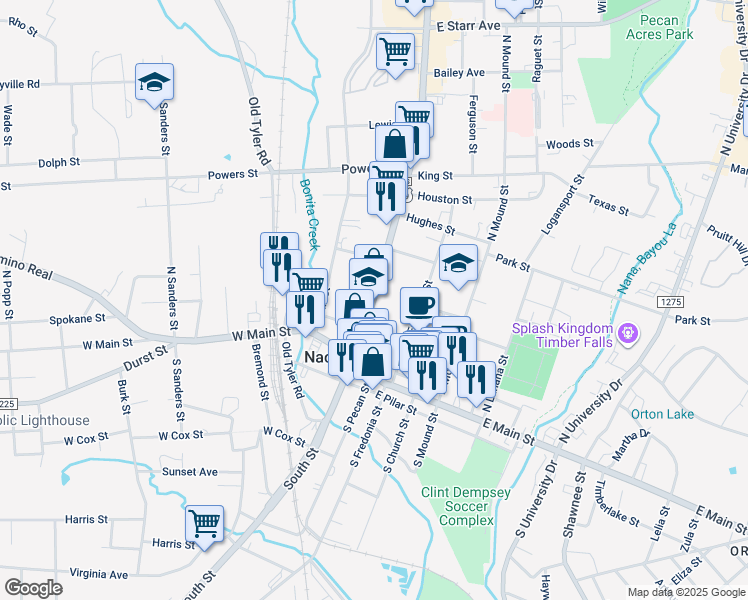 map of restaurants, bars, coffee shops, grocery stores, and more near County Road 304 in Nacogdoches