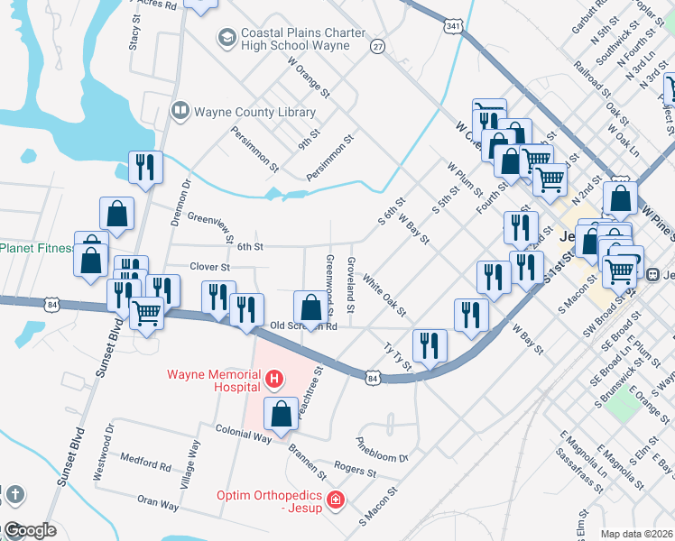 map of restaurants, bars, coffee shops, grocery stores, and more near 184 Greenwood Street in Jesup