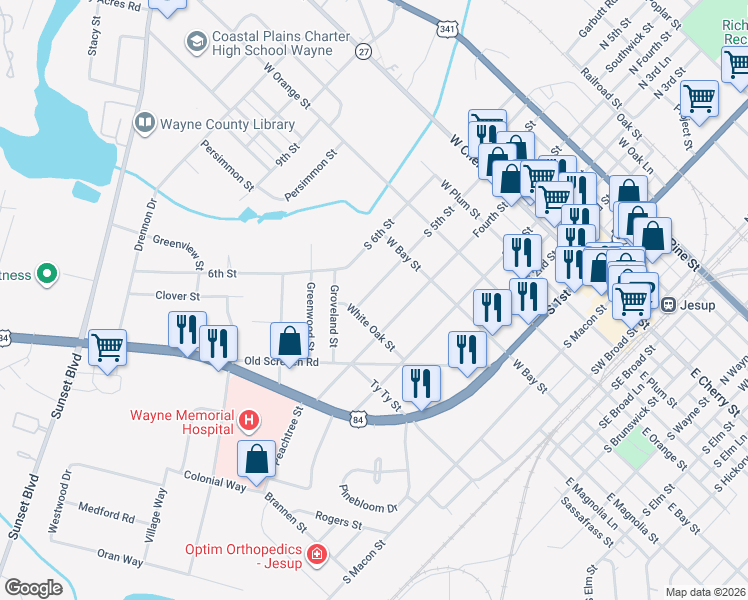 map of restaurants, bars, coffee shops, grocery stores, and more near 535 South 5th Street in Jesup
