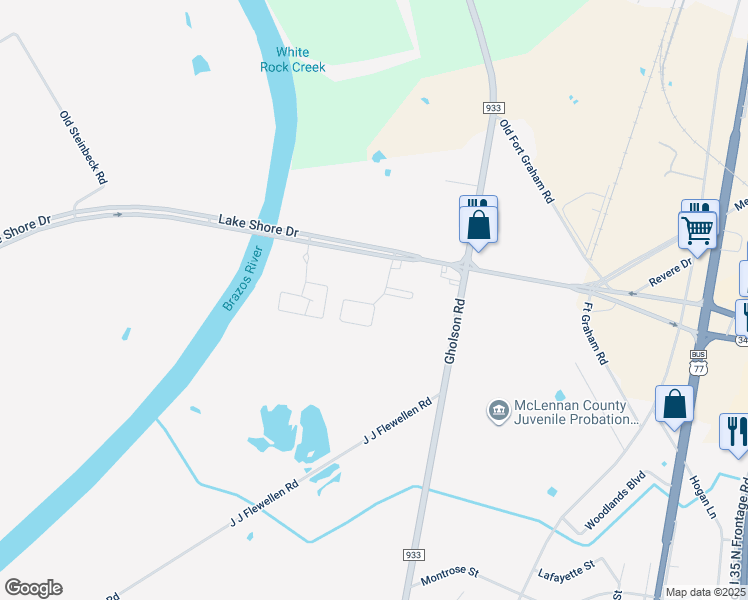 map of restaurants, bars, coffee shops, grocery stores, and more near 2525 East Lakeshore Drive in Waco
