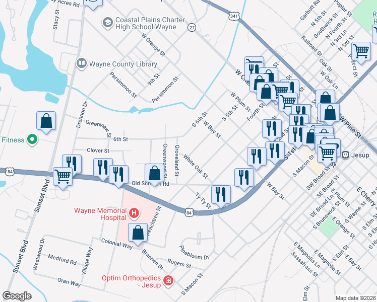 map of restaurants, bars, coffee shops, grocery stores, and more near 574 South 5th Street in Jesup