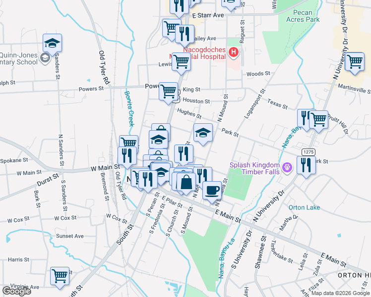 map of restaurants, bars, coffee shops, grocery stores, and more near 421 North Fredonia Street in Nacogdoches