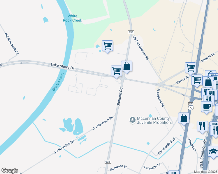 map of restaurants, bars, coffee shops, grocery stores, and more near 2525 East Lakeshore Drive in Waco