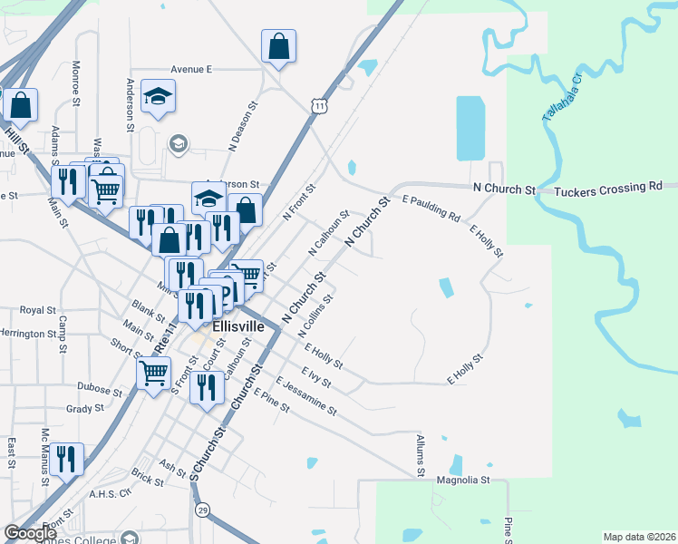 map of restaurants, bars, coffee shops, grocery stores, and more near 511-589 North Church Street in Ellisville
