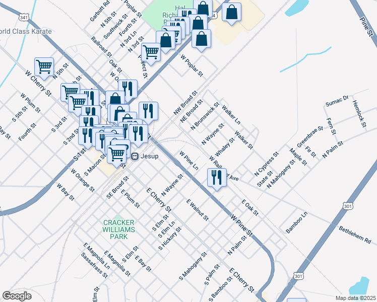 map of restaurants, bars, coffee shops, grocery stores, and more near 330-398 North Brunswick Street in Jesup