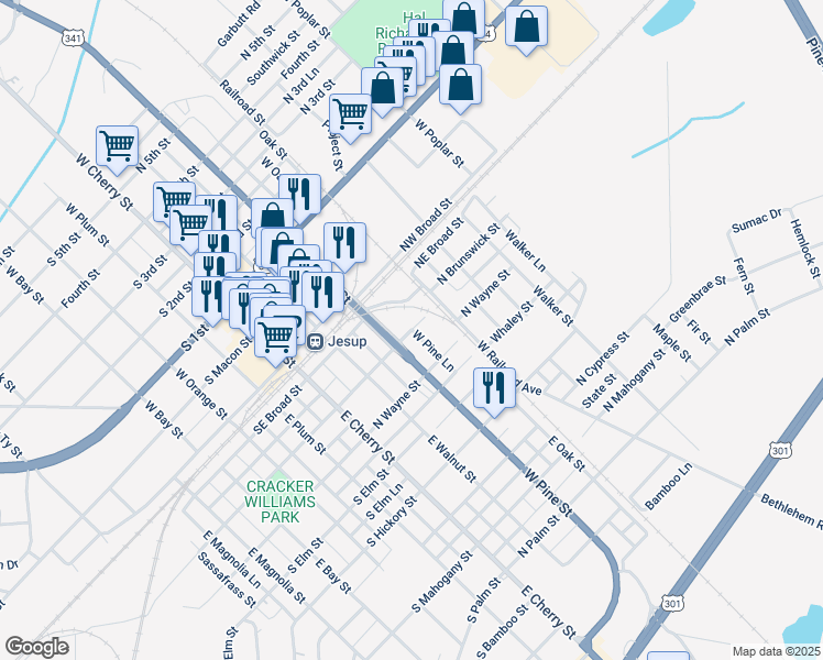 map of restaurants, bars, coffee shops, grocery stores, and more near 330 North Brunswick Street in Jesup