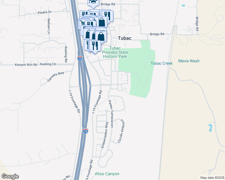 map of restaurants, bars, coffee shops, grocery stores, and more near 120 Geary Road in Tubac
