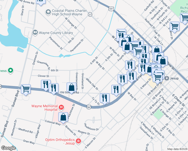 map of restaurants, bars, coffee shops, grocery stores, and more near 535 South 5th Street in Jesup