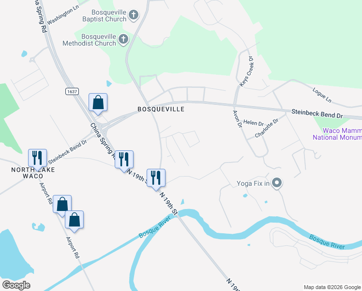 map of restaurants, bars, coffee shops, grocery stores, and more near 6616 Emerald Road in Waco