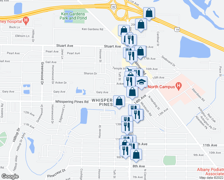 map of restaurants, bars, coffee shops, grocery stores, and more near 1125 Gary Avenue in Albany
