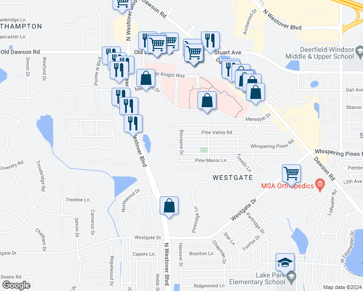 map of restaurants, bars, coffee shops, grocery stores, and more near Biscayne Drive in Albany