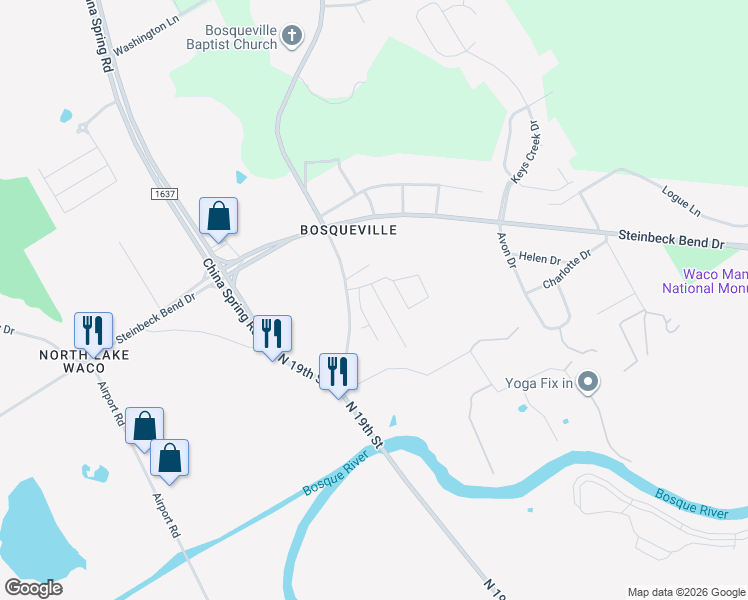 map of restaurants, bars, coffee shops, grocery stores, and more near 6616 Emerald Road in Waco