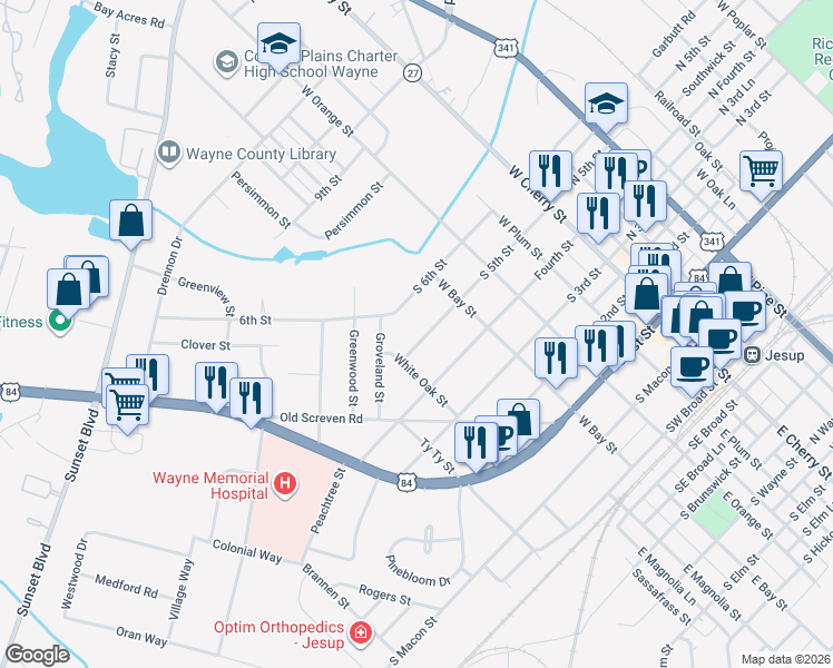 map of restaurants, bars, coffee shops, grocery stores, and more near 574 South 5th Street in Jesup