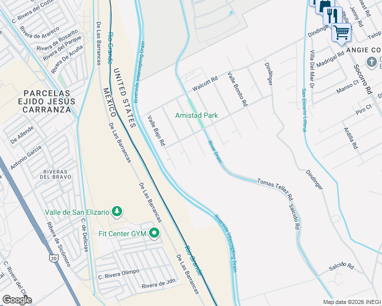 map of restaurants, bars, coffee shops, grocery stores, and more near 11630 Valle Frondoso Road in Socorro