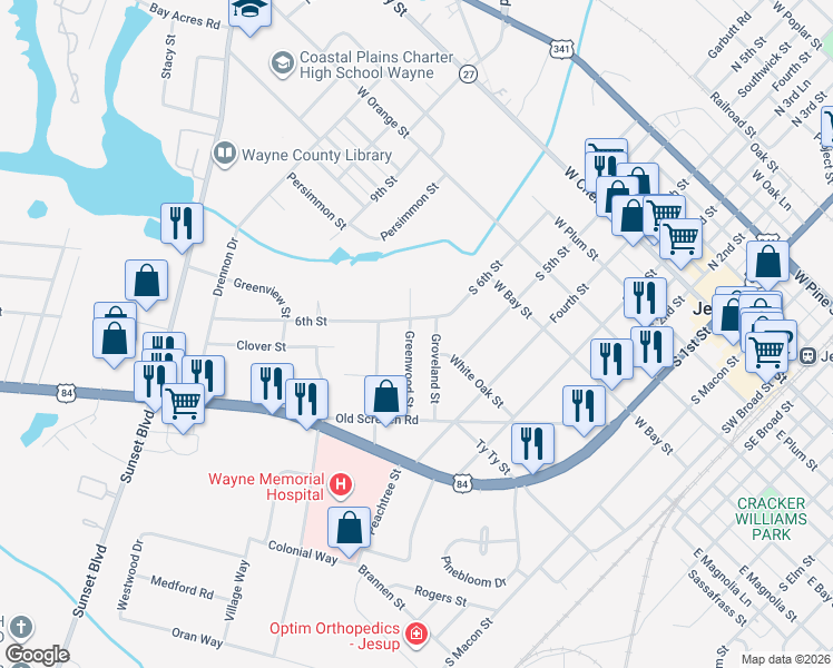 map of restaurants, bars, coffee shops, grocery stores, and more near 184 Greenwood Street in Jesup