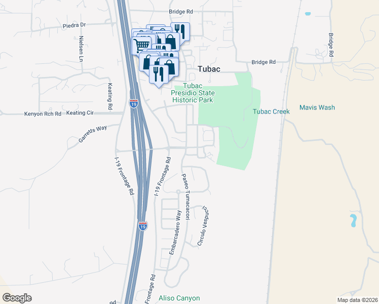 map of restaurants, bars, coffee shops, grocery stores, and more near 120 Geary Road in Tubac