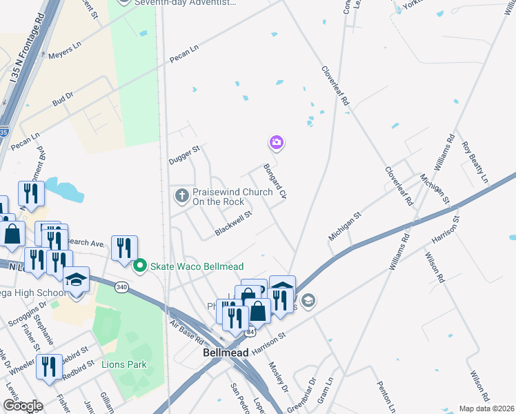 map of restaurants, bars, coffee shops, grocery stores, and more near 4333 Blackwell St in Waco