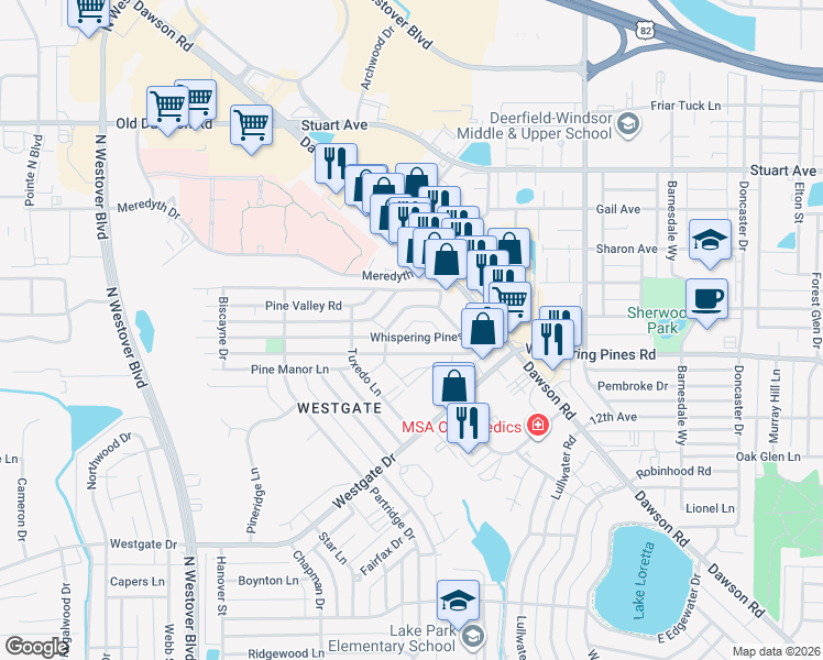 map of restaurants, bars, coffee shops, grocery stores, and more near 2521 Whispering Pines Road in Albany